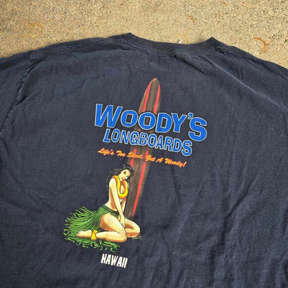 Vtg Y2k WOODY'S LONGBOARDS Hawaii Hula Girl Graphic Skate Surf Tee Shirt XL Fit - Picture 2 of 6